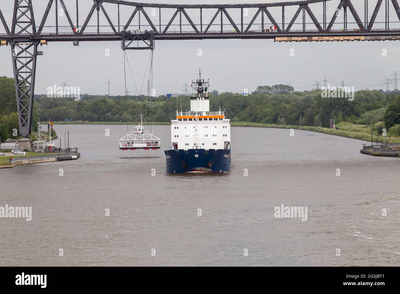 cargo vessel Zillertal passing under Rendsburg high bridge and swing ...