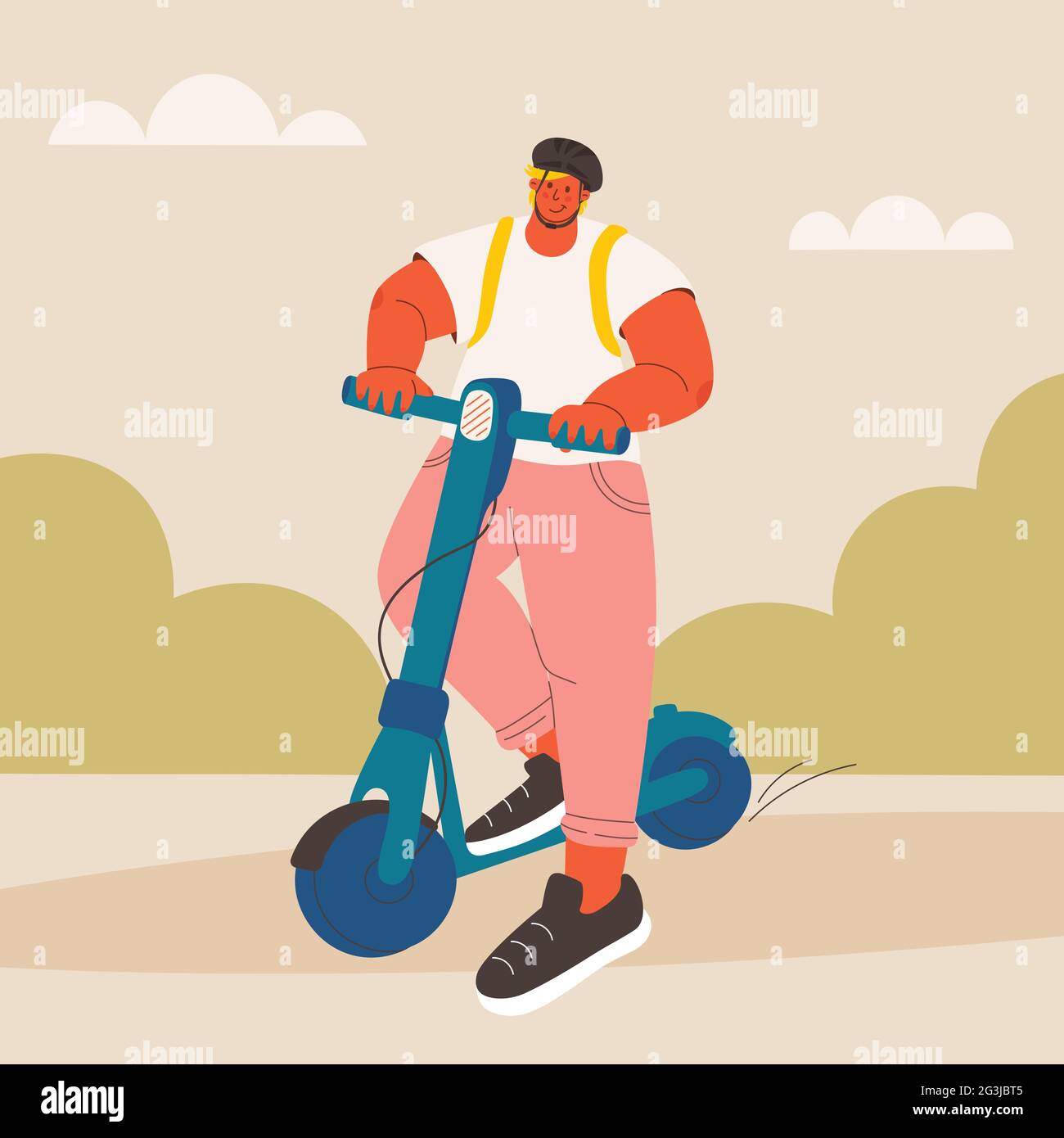 Young man on electric scooter. Guy in protective helmet in park moves on scooter. Vector trendy illustration, disproportionate character. Stock Vector