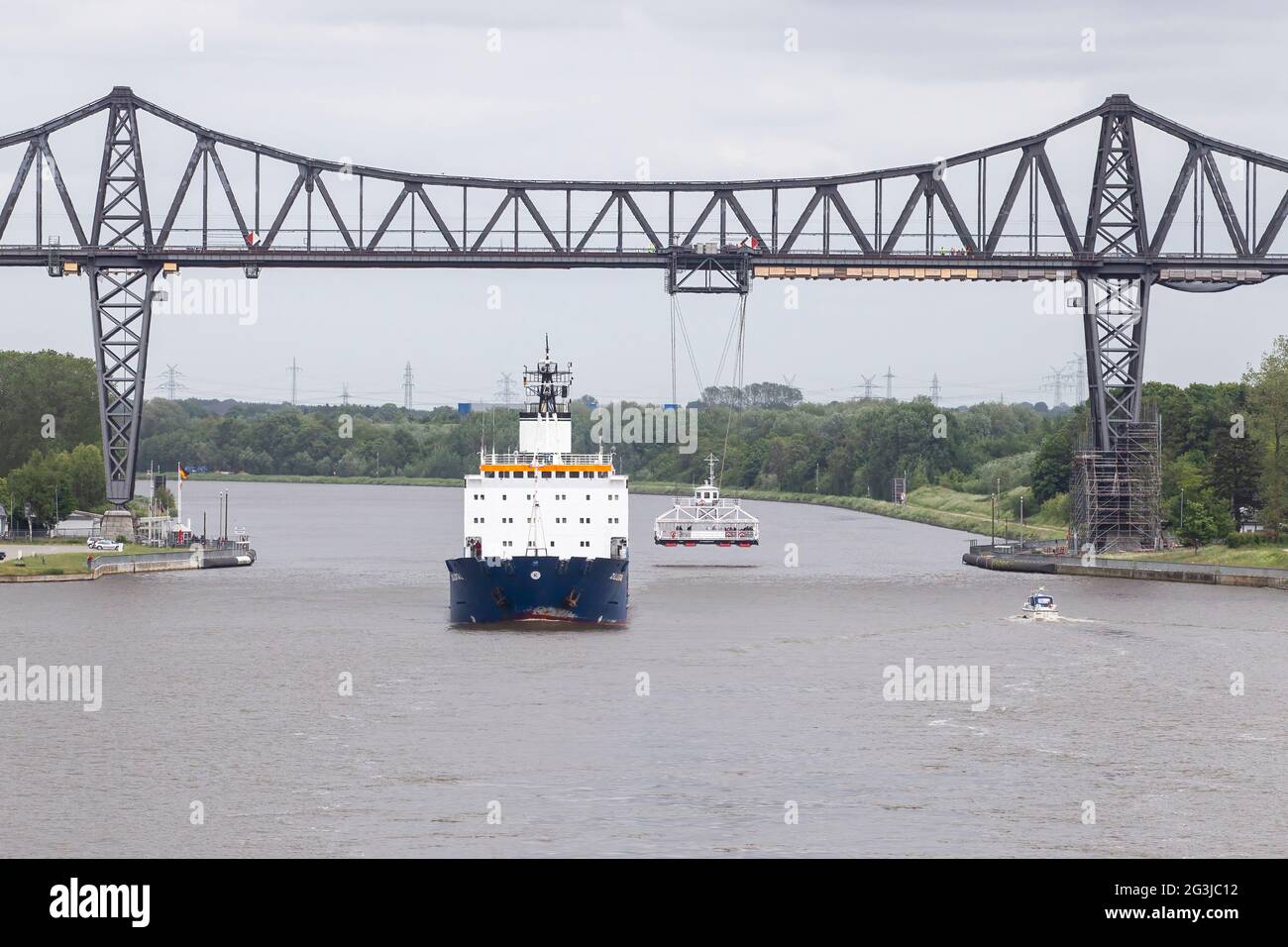 cargo vessel Zillertal passing under Rendsburg high bridge and swing ...
