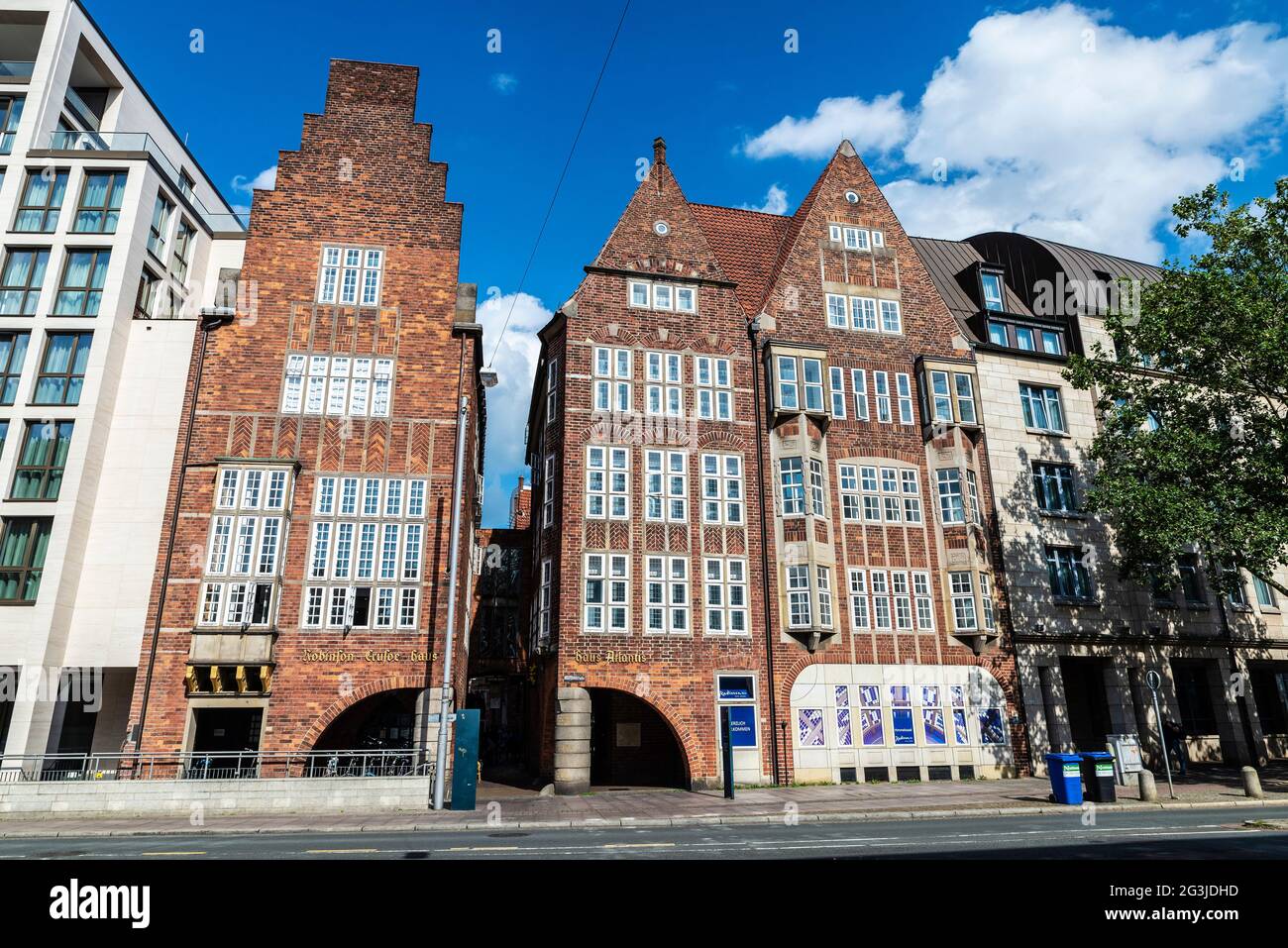 Bremen, Germany - August 19, 2019: Robinson-Crusoe-Haus and Haus Atlantis (Martinistraße) in Böttcherstraße, Bremen, Germany Stock Photo