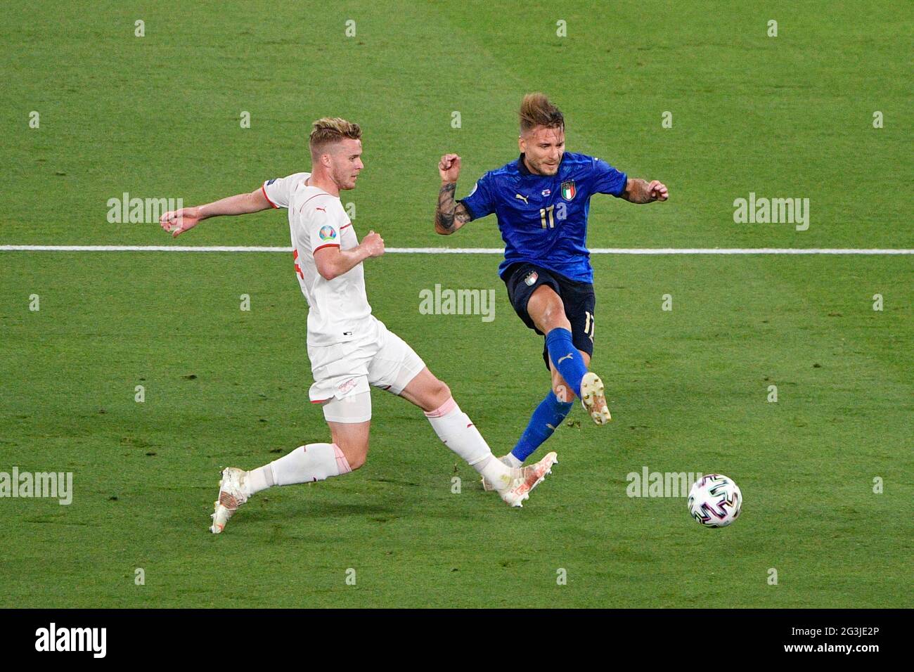 Ciro Immobile of Italy and Nico Elvedi of Switzerland seen in action during the UEFA Euro 2020 Group A - Italy vs Switzerland at the Olimpic Stadium in Rome. / LM Stock Photo