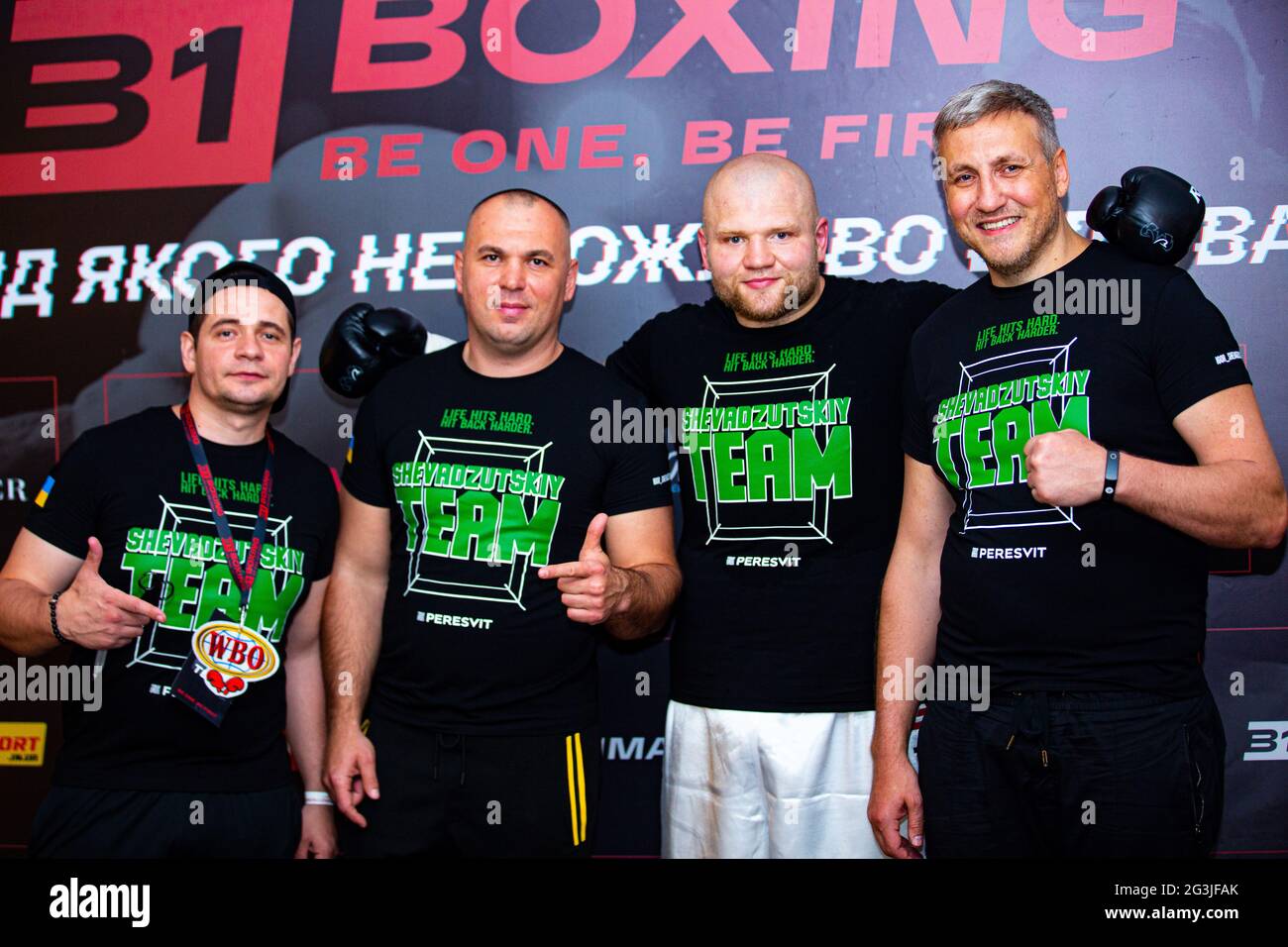 One of Ukraine hottest superheavy boxing prospects in 2021,profl Champion Igor HULK Shevadzutsky (2nd right) with his corner after fight in Akko, Kiev Stock Photo