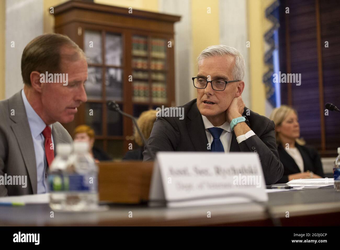 Washington, United States. 16th June, 2021. United States Secretary of Veterans Affairs Denis McDonough and Assistant Veterans Affairs Secretary for Management and Chief Financial Officer Jon Rychalski speak before a Senate Committee on Veterans Affairs hearing on the Department of Veteran's Affairs budget for fiscal year 2022 in Washington, DC., on Wednesday, June 16, 2021. Photo by Bonnie Cash/UPI. Credit: UPI/Alamy Live News Stock Photo