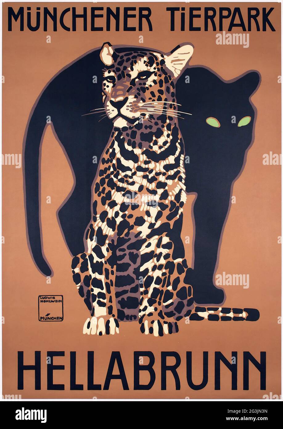 Vintage poster, German artist Ludwig Hohlwein (1874-1949) Munich Zoo Poster – Münchener Tierpark 1912. Leopard and panther. Hellabrunn. Stock Photo
