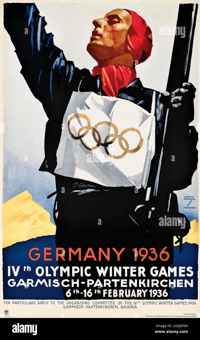 Vintage poster, German artist Ludwig Hohlwein (1874-1949) Germany 1936. IV. Winter Olympics Garmisch-Partenkirchen. Stock Photo