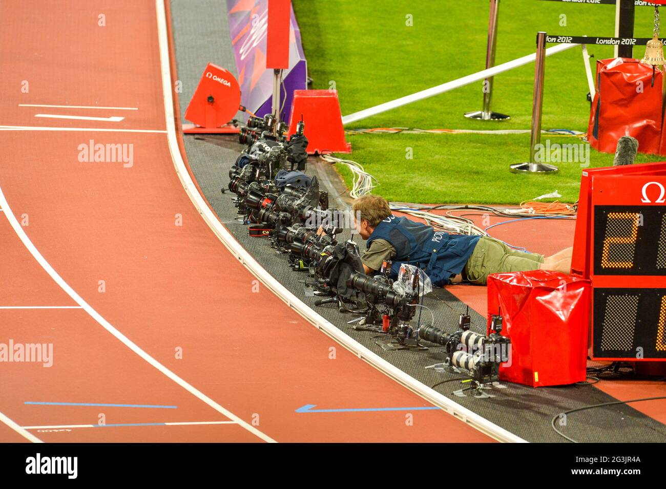 LONDON, ENGLAND - AUGUST 5, remote cameras during the evening session of athletics at the Olympic Stadium  on August 5, 2012 in London, England Photo by Roger Sedres / Gallo Images Stock Photo