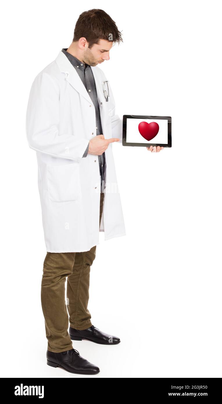 Doctor holding tablet - Red heart Stock Photo - Alamy