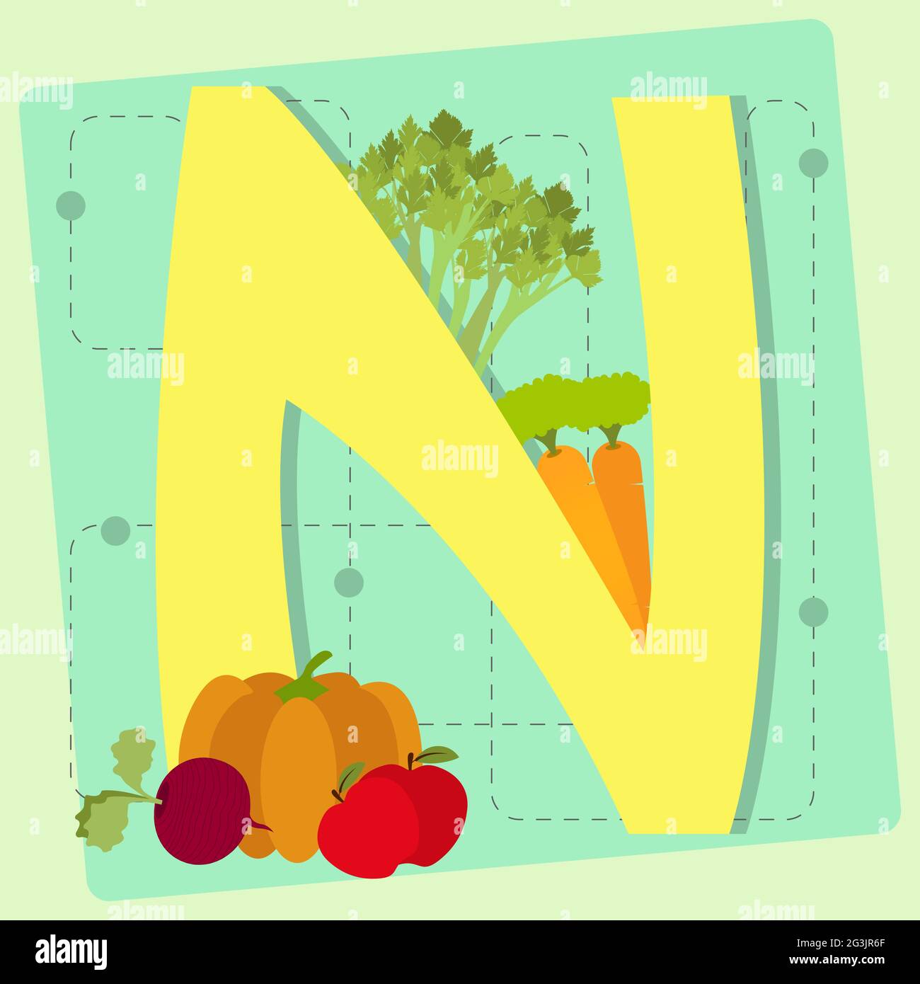 Letter "n" from stylized alphabet with fruits and vegetables carrot