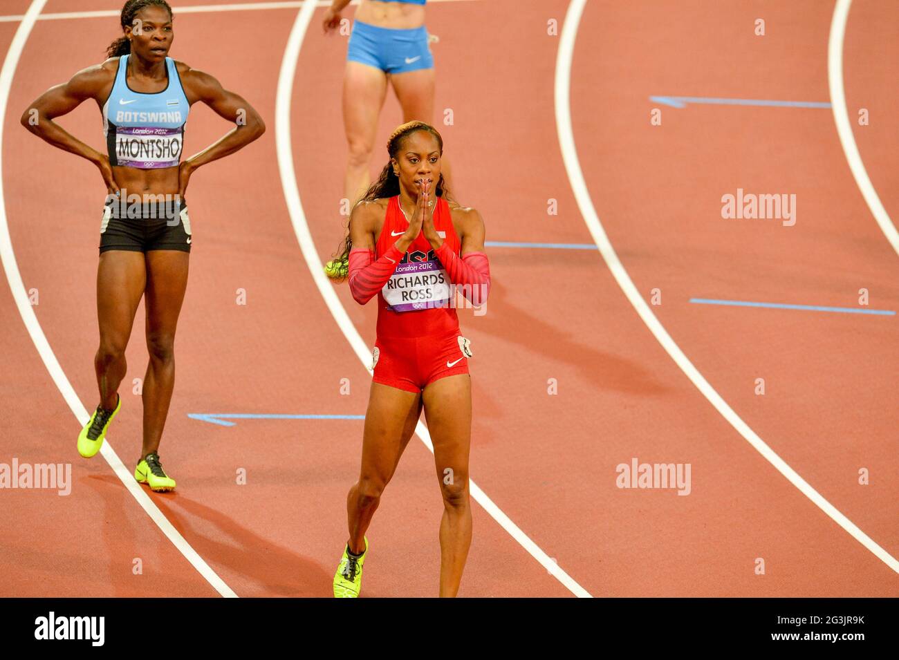 LONDON, ENGLAND - AUGUST 5, Sanya Richards-Ross of the United States after the women’s 400m during the evening session of athletics at the Olympic Stadium  on August 5, 2012 in London, England Photo by Roger Sedres / Gallo Images Stock Photo