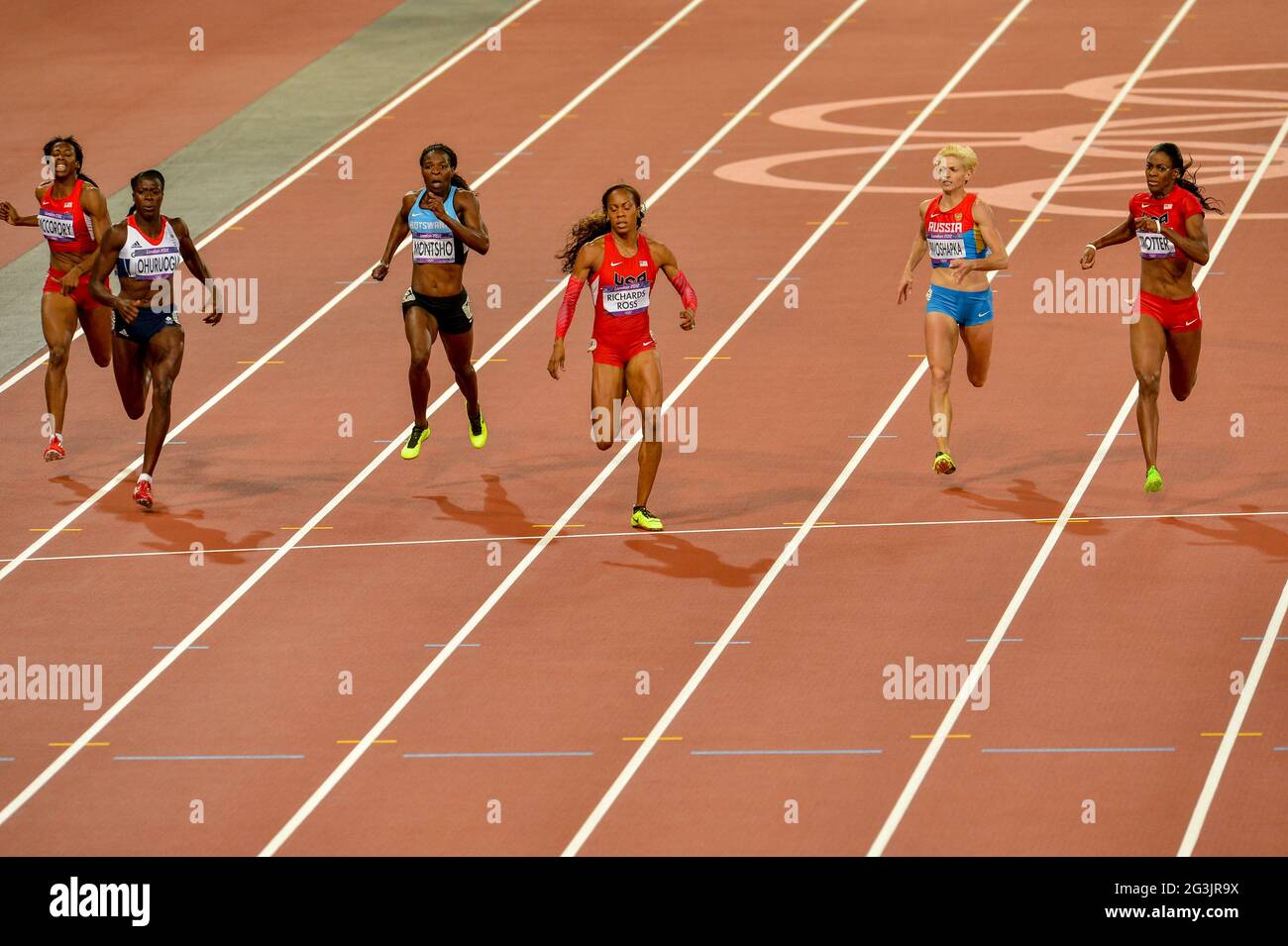 LONDON, ENGLAND - AUGUST 5, Francena McCorory of the United States, Christine Ohuruogu of Great Britain, Amantle Montsho of Botswana and Sanya Richards-Ross of the United States, Antonina Krivoshapka of Russia and  DeeDee Trotter of the United States in the women’s 400m during the evening session of athletics at the Olympic Stadium  on August 5, 2012 in London, England Photo by Roger Sedres / Gallo Images Stock Photo