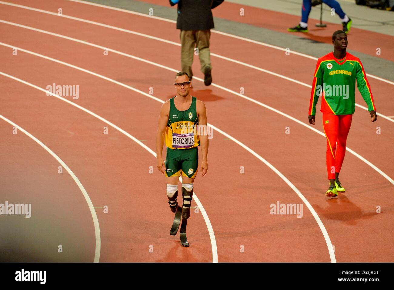 LONDON, ENGLAND - AUGUST 5, Oscar Pistorius of South African in the semi final of the mens 400m during the evening session of athletics at the Olympic Stadium  on August 5, 2012 in London, England Photo by Roger Sedres / Gallo Images Stock Photo