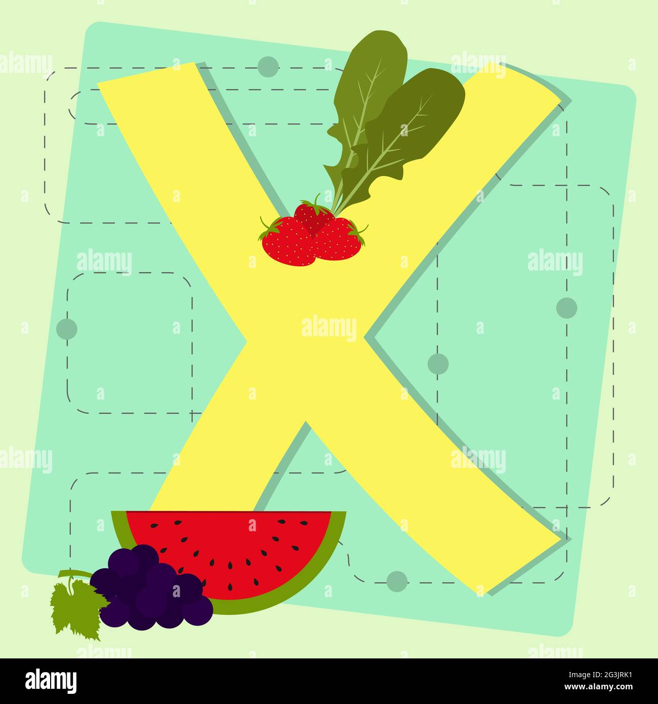 Letter "x" from stylized alphabet with fruits and vegetables arugula