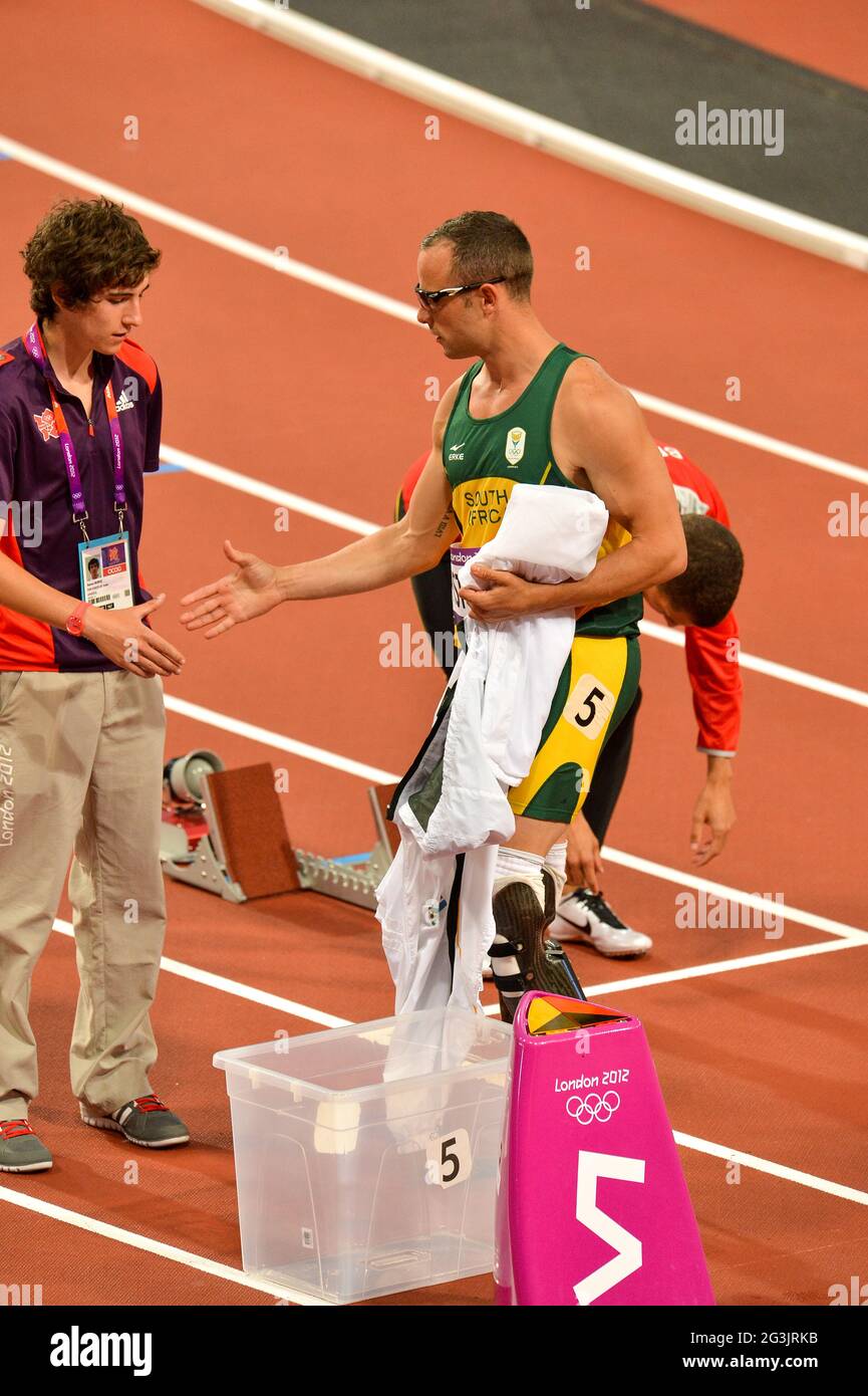 LONDON, ENGLAND - AUGUST 5, Oscar Pistorius of South African in the semi final of the mens 400m during the evening session of athletics at the Olympic Stadium  on August 5, 2012 in London, England Photo by Roger Sedres / Gallo Images Stock Photo