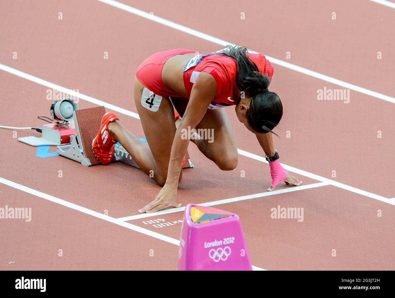 LONDON, ENGLAND - AUGUST 5, T’erea Brown of the Unites States in the women’s 400m hurdles during the evening session of athletics at the Olympic Stadium  on August 5, 2012 in London, England Photo by Roger Sedres / Gallo Images Stock Photo