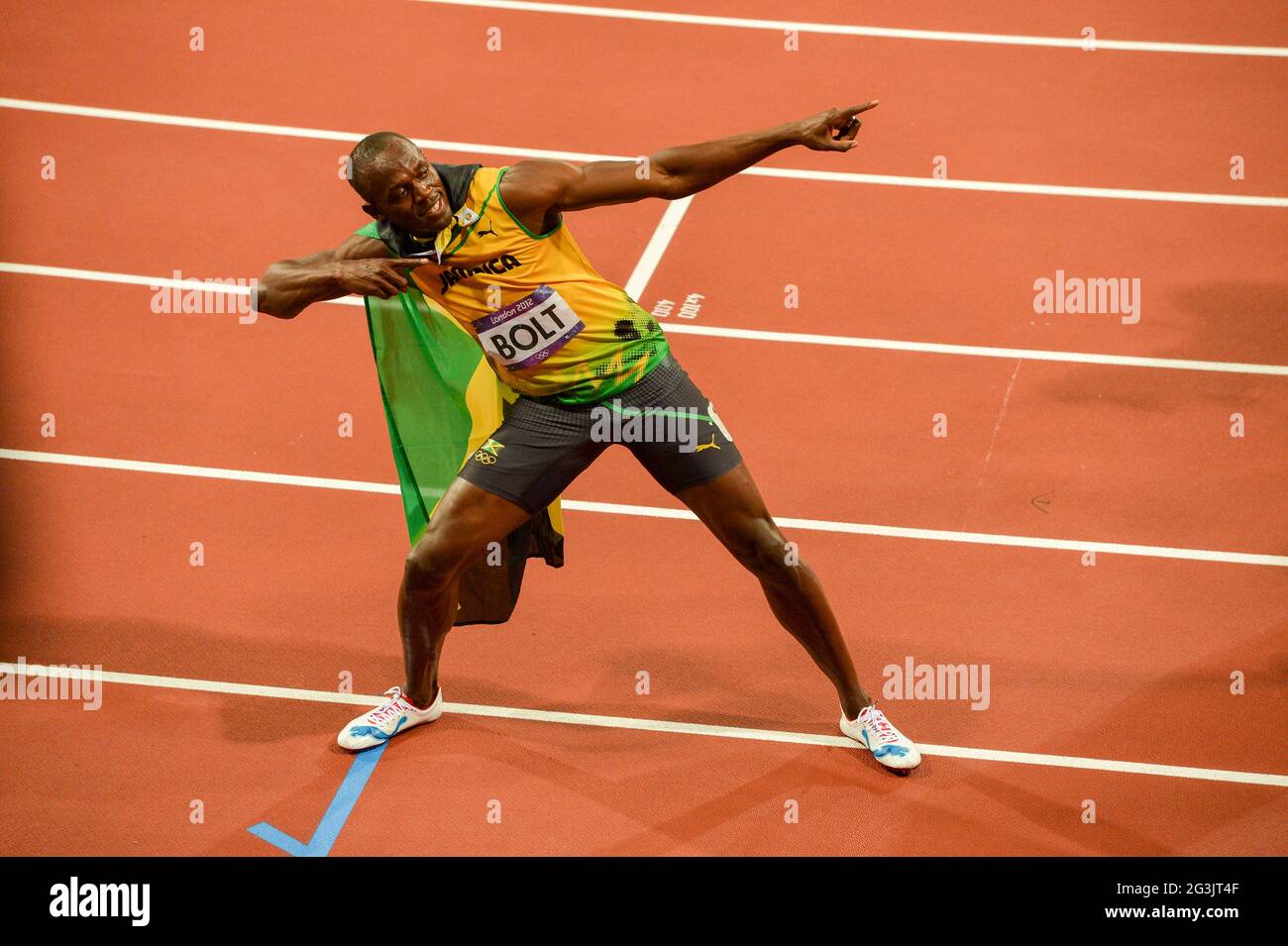 LONDON, ENGLAND - AUGUST 5, Usain Bolt of Jamaica  during the evening session of athletics at the Olympic Stadium  on August 5, 2012 in London, England Photo by Roger Sedres / Gallo Images Stock Photo