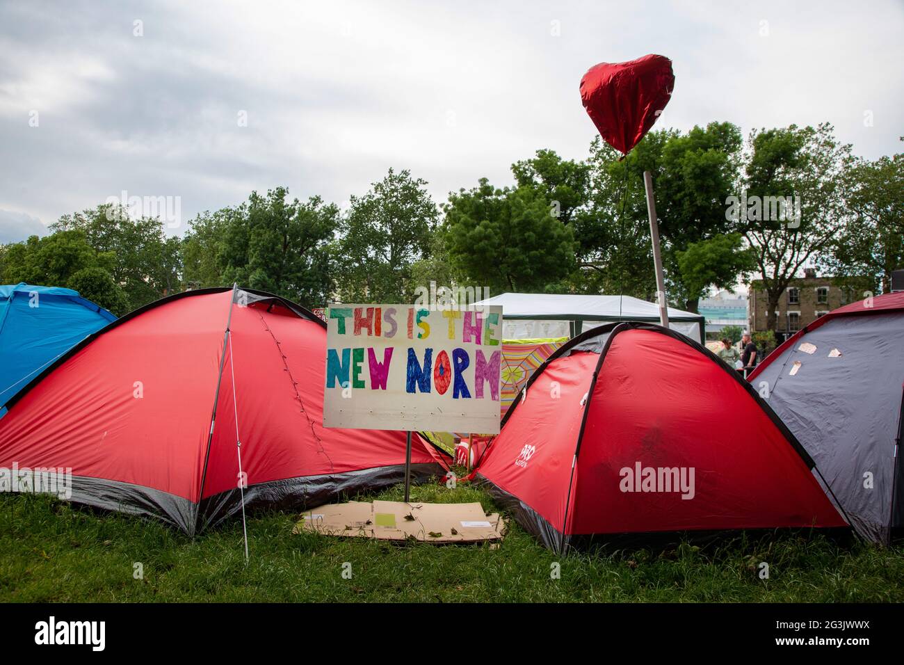 Signage at a Freedom protester camp on Shepherd's Bush Green, London, UK. June 2021 Stock Photo
