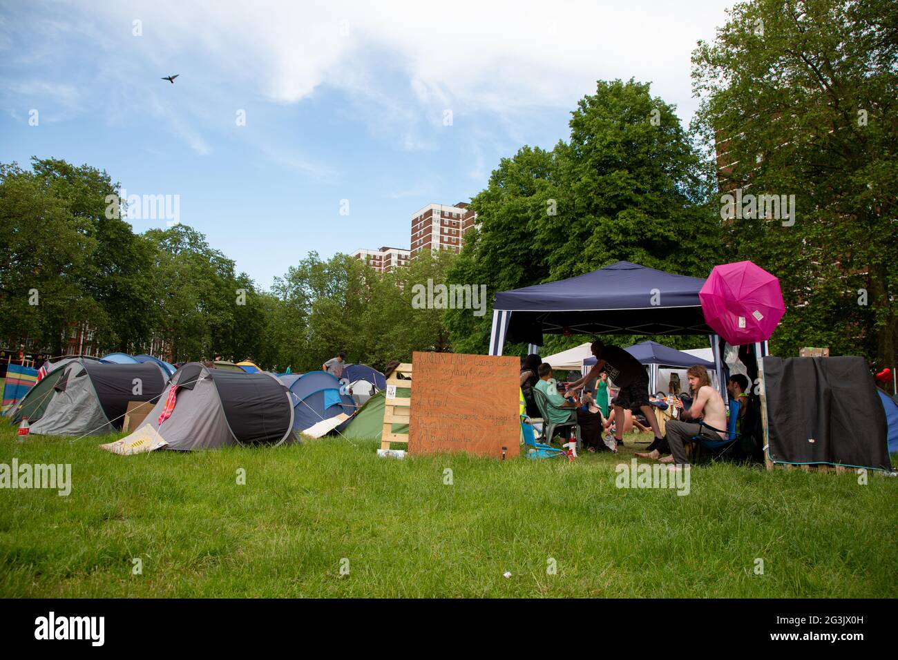 Entrance to the freedom protester camp on Shepherd's Bush Green, London, UK. June 2021 Stock Photo