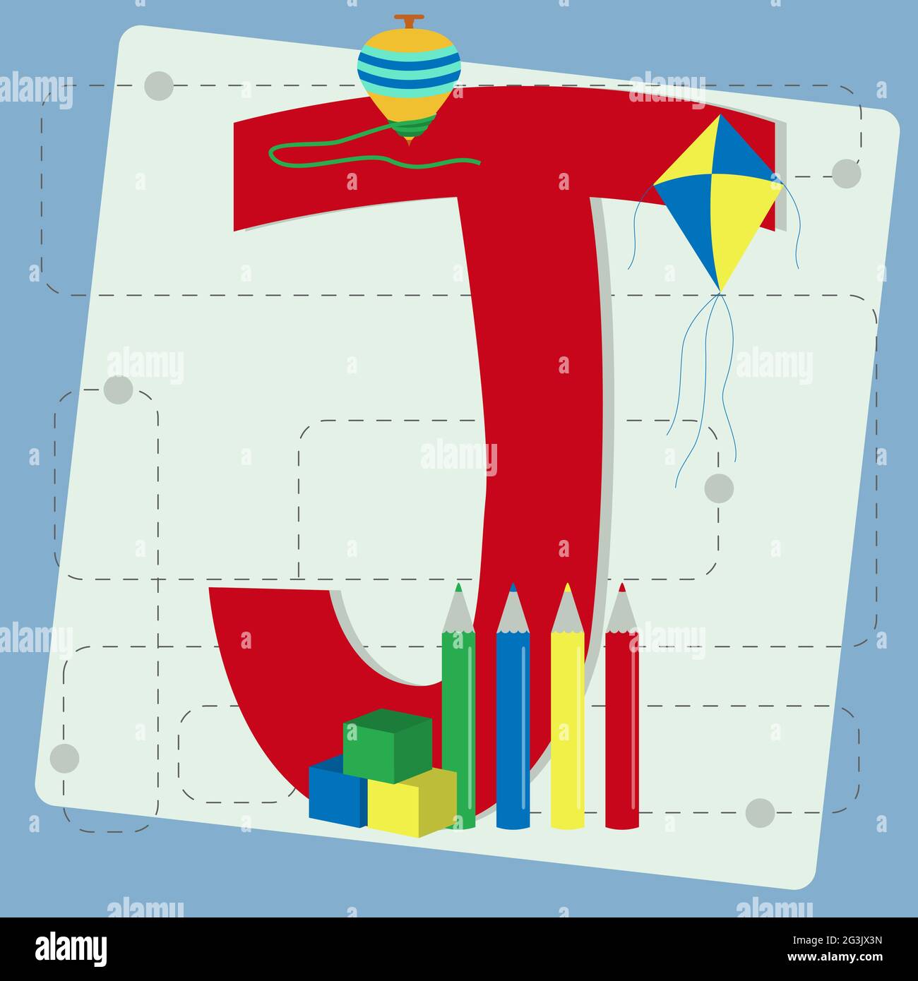 Letter "j" from stylized alphabet with children's spinning top, kite