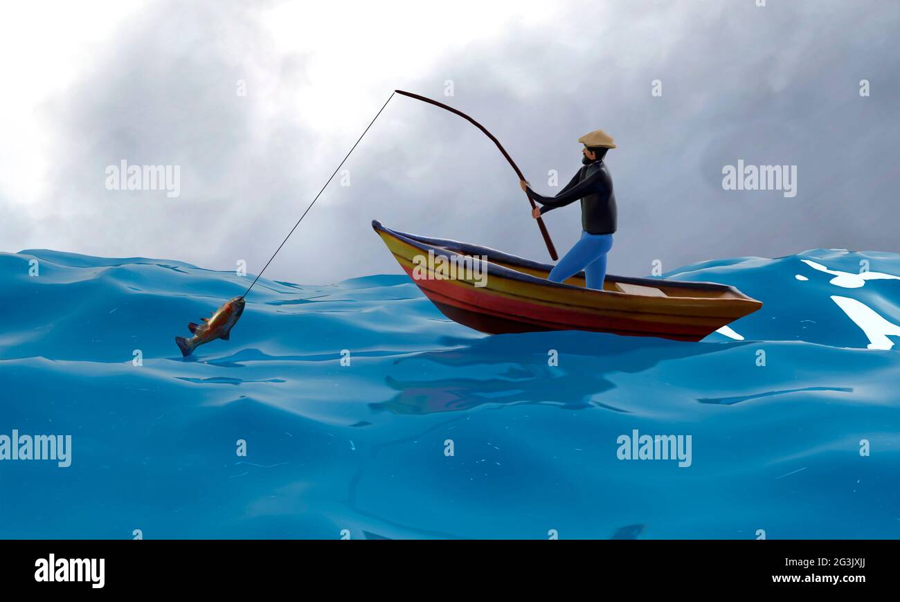 Man fishing in a wooden boat. Stock Photo