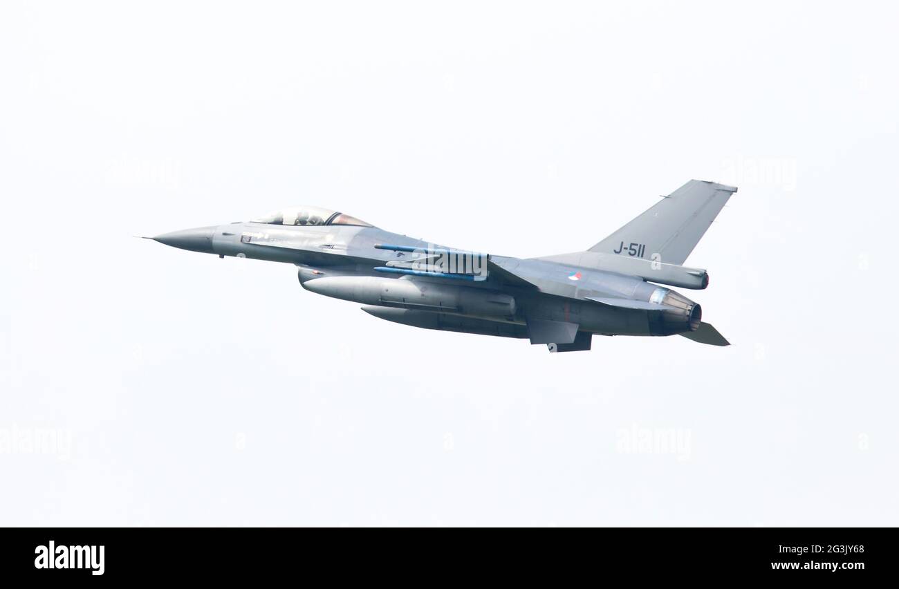 LEEUWARDEN, THE NETHERLANDS -MAY 26: F-16 fighter during a comparisontest with a F-35 in Europe on May 26, 2016 in Leeuwarden. T Stock Photo