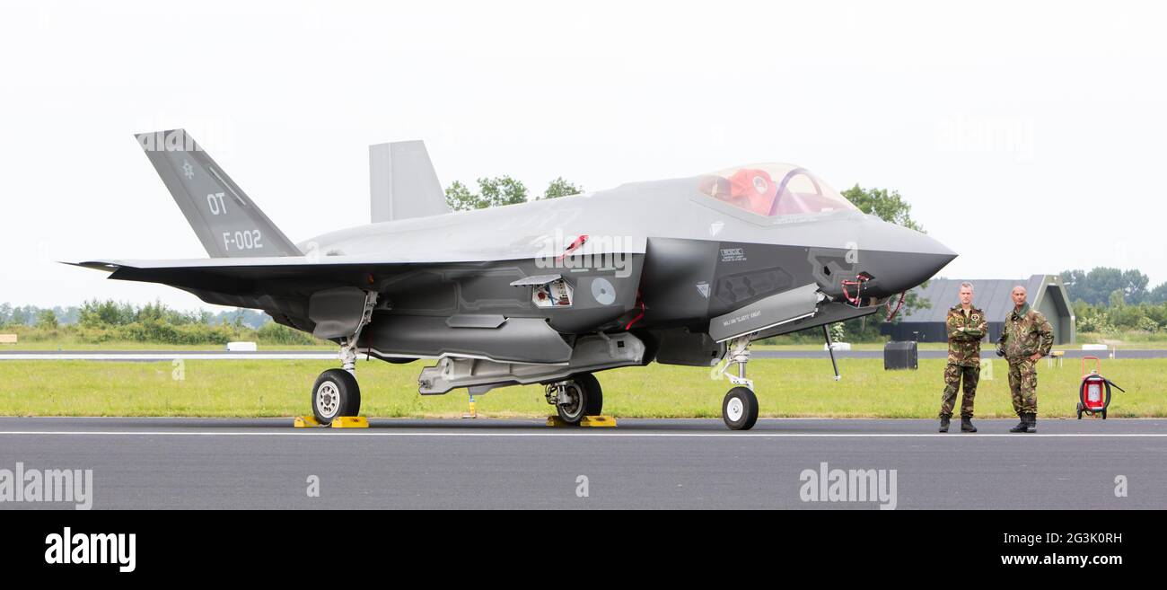 LEEUWARDEN, THE NETHERLANDS - JUNE 10, 2016: Dutch F-35 on the runway during a flyby on it's European debut at the Royal Netherl Stock Photo