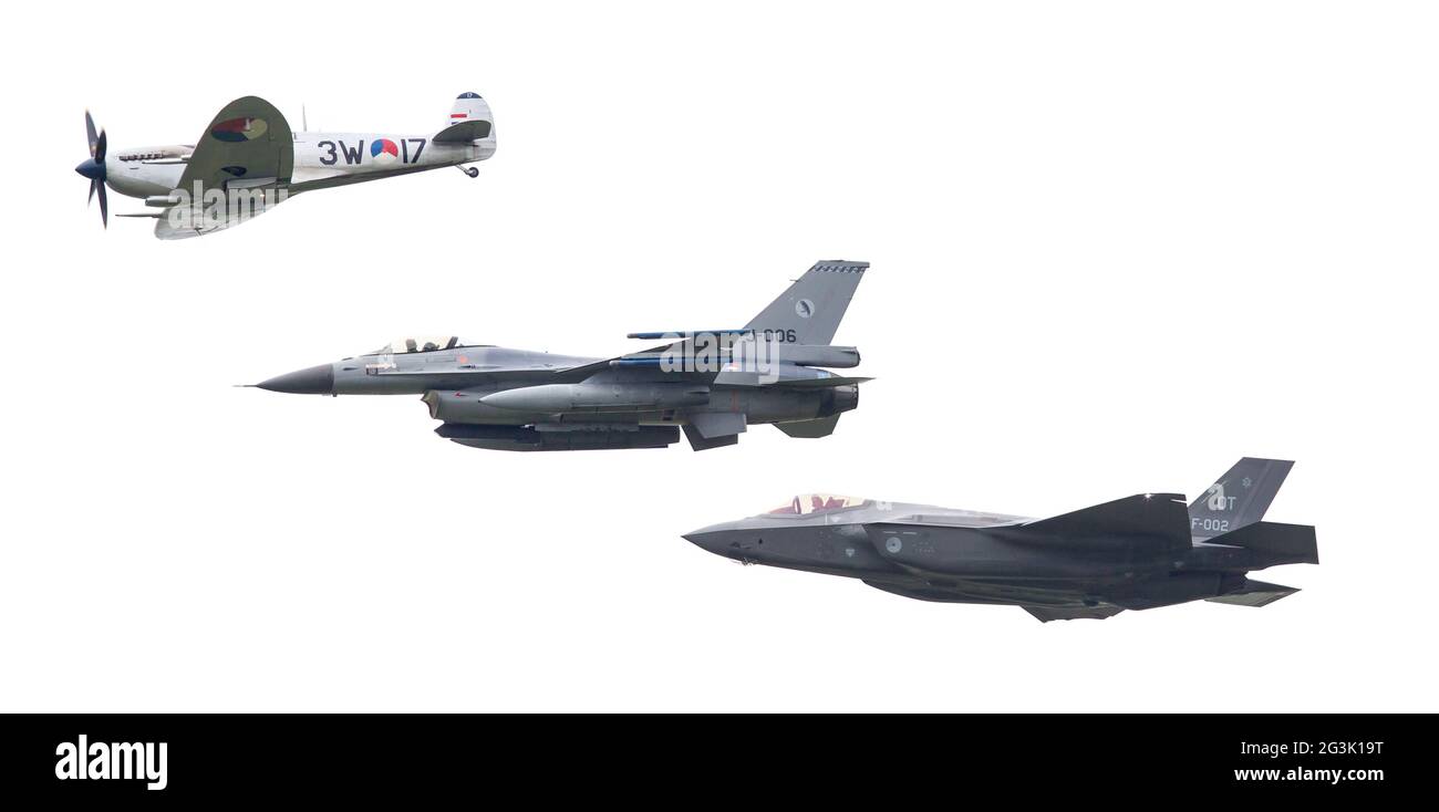 LEEUWARDEN, THE NETHERLANDS - JUNE 11, 2016: F-35 Lightning II, F-16 and Spitfire flyby at the Royal Netherlands Air Force Days Stock Photo