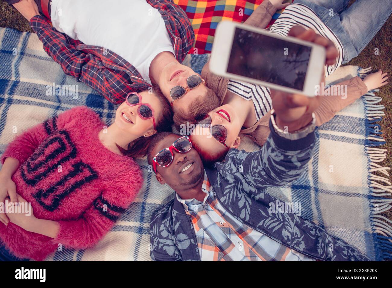 Best friends making selfies on picnic Stock Photo Alamy