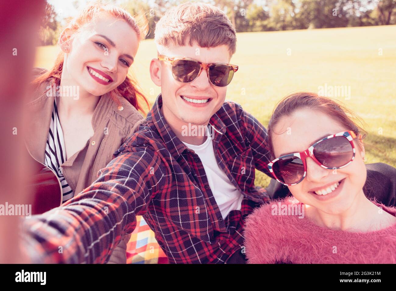 Best friends making selfies on picnic Stock Photo Alamy