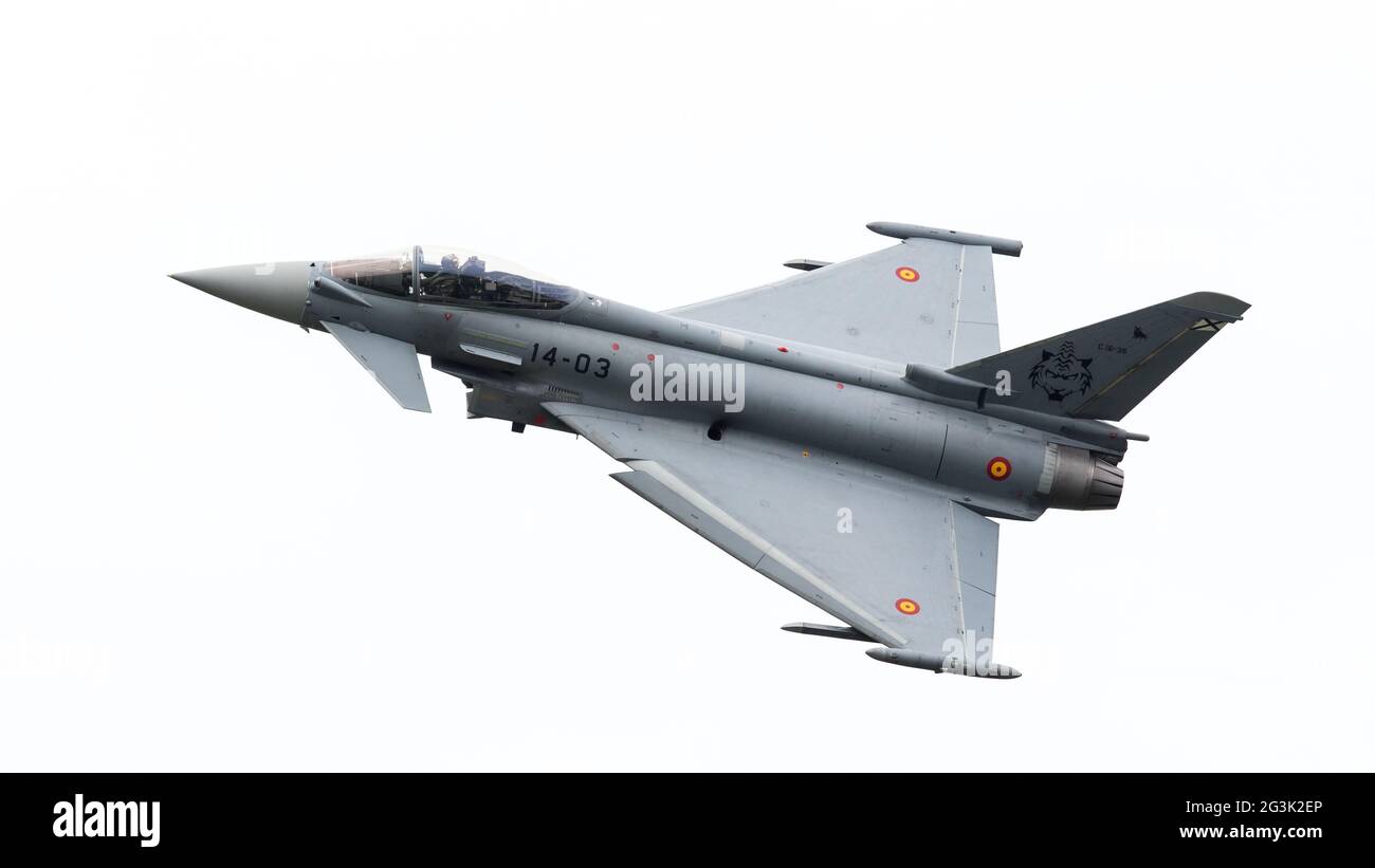 LEEUWARDEN, THE NETHERLANDS - JUNE 10: Spanish Air Force Eurofighter Typhoon flying during the Dutch Air Force Open House. June Stock Photo