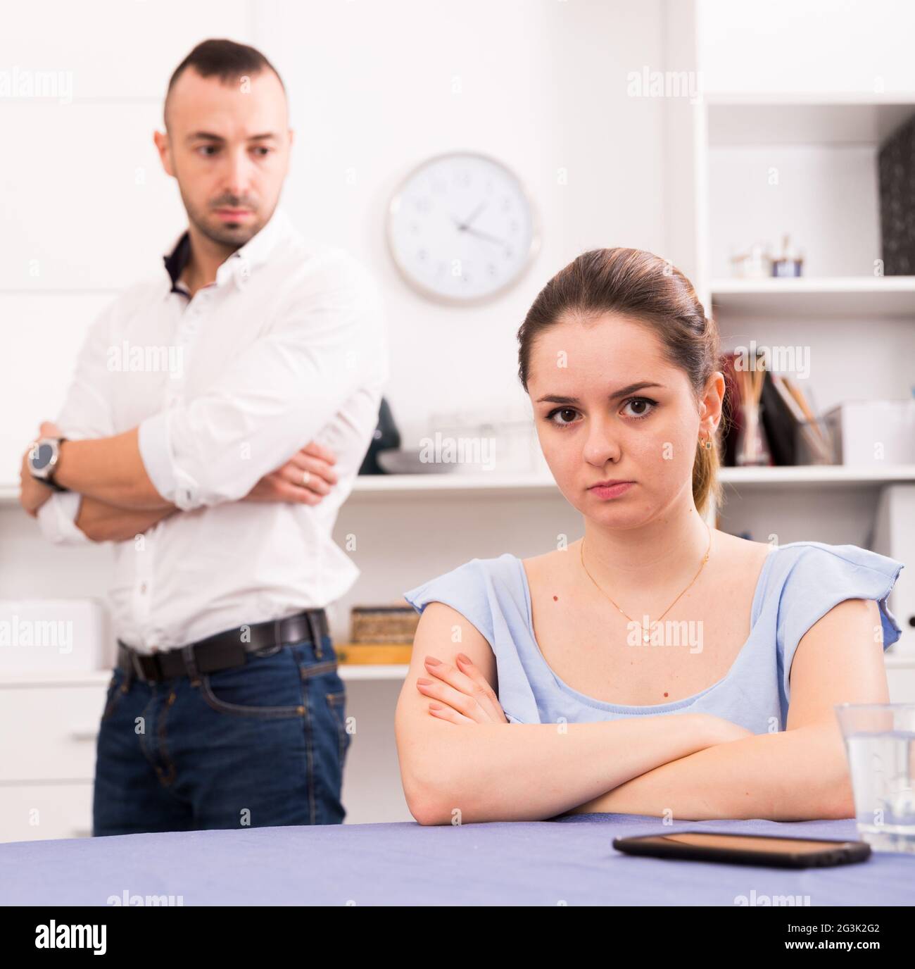 Sad female is depressing and husband is supporting her Stock Photo