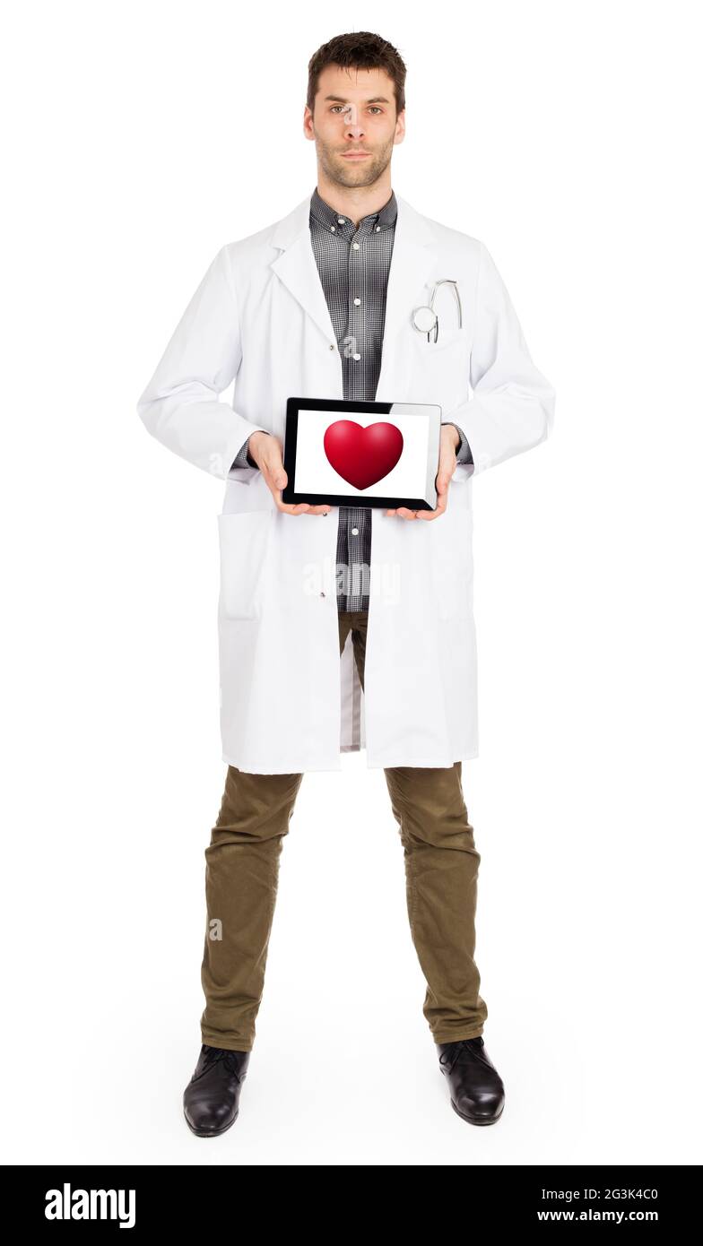 Doctor holding tablet - Red heart Stock Photo - Alamy