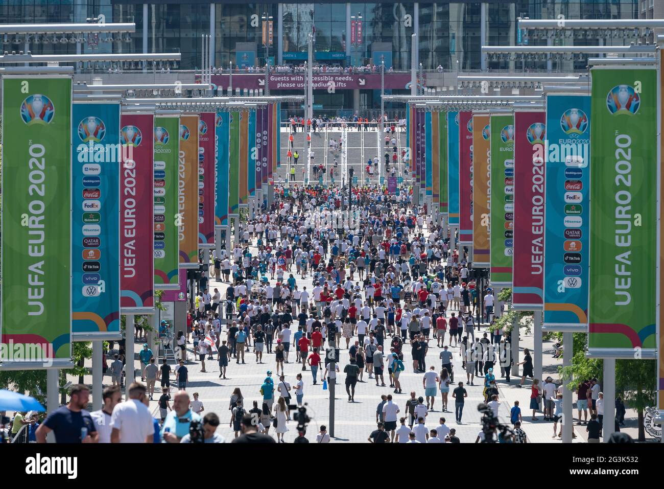 Euro 2020: Fans arrive at Wembley in a festive mood ready for England vs Croatia match, European Championships Group D. London, UK. Stock Photo