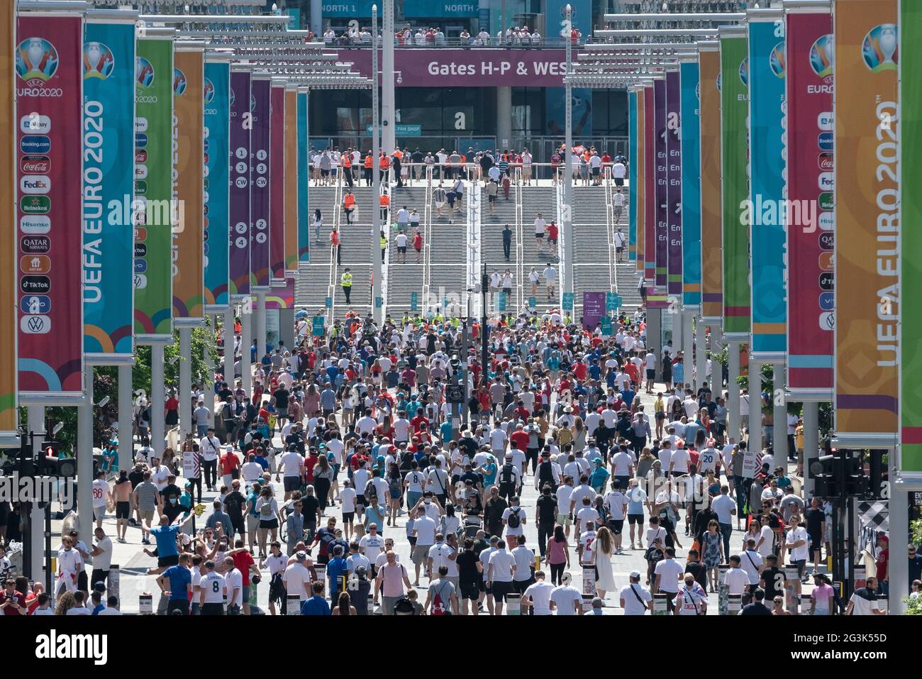 Euro 2020: Fans arrive at Wembley in a festive mood ready for England vs Croatia match, European Championships Group D. London, UK. Stock Photo