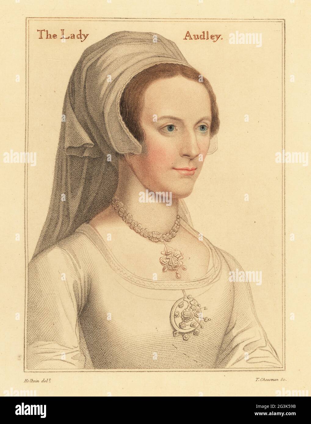 Elizabeth, second wife of Thomas Audley, 1st Baron Audley of Walden. Previously identified as Elizabeth Tuke, wife to George Tuchet, 9th Baron Audley, daughter of SIr Brian Tuke, Treasurer to the Chamber of King Henry VIII. Handcoloured copperplate stipple engraving by Thomas Cheesman after a portrait by Hans Holbein the Younger from Imitations of Original Drawings by Hans Holbein, John Chamberlaine, London, 1812. Stock Photo