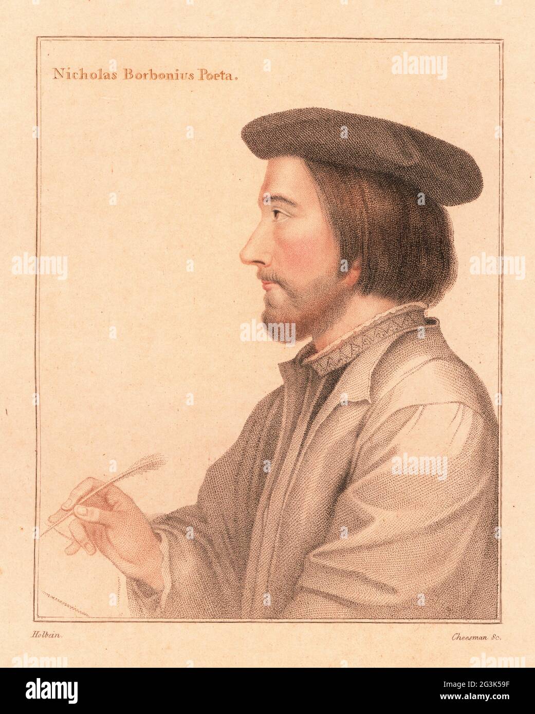 Nicholas Borbonius or Bourbon, Latin poet of middling fame, tutor to Joan d'Albret, daughter of Margaret Queen of Navarre, 1503-c.1550. Nicholas Borbonius Poeta. Handcoloured copperplate stipple engraving by Thomas Cheesman after a portrait by Hans Holbein the Younger on pink paper from Imitations of Original Drawings by Hans Holbein, John Chamberlaine, London, 1812. Stock Photo