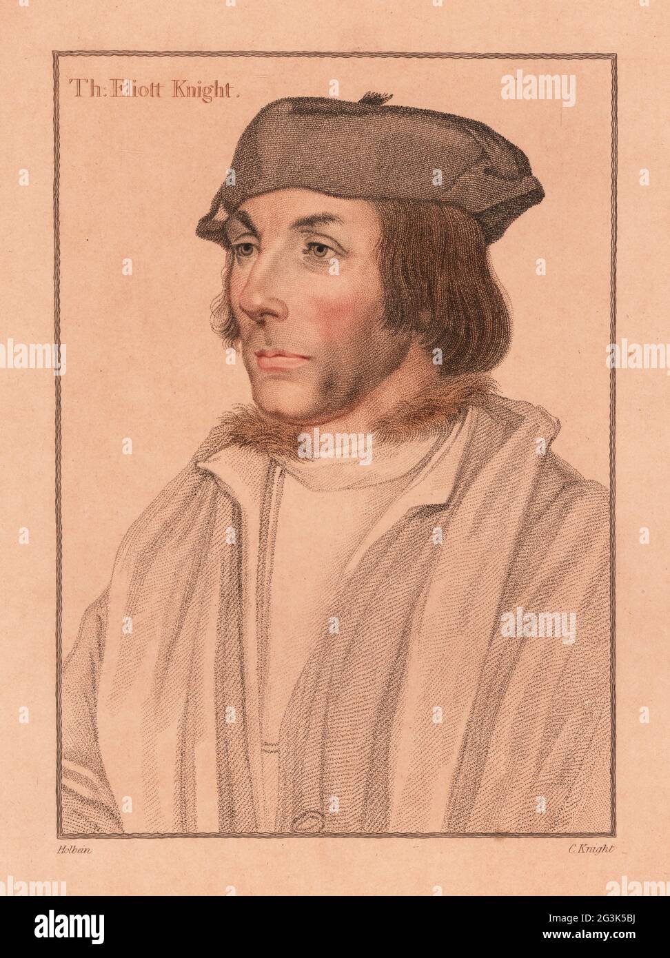 Sir Thomas Elyot, English diplomat and scholar (1490-1546).  Ambassador to the Holy Roman Emperor. Thomas Eliott, Knight. Handcoloured copperplate stipple engraving by Charles Knight after a portrait by Hans Holbein the Younger  printed on pink paper from Imitations of Original Drawings by Hans Holbein, John Chamberlaine, London, 1812. Stock Photo