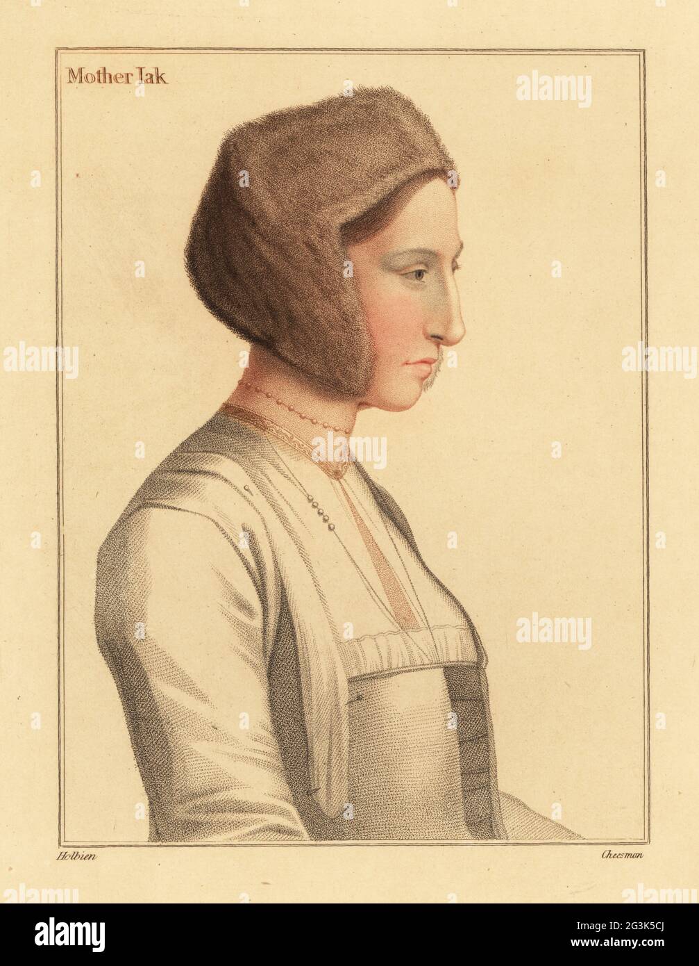Margaret Clement (née Giggs), foster daughter of Thomas More, wife to John Clement, tutor to the More children. (Mislabeled as Mother Jak, nurse to King Edward VI.) Mother Iak. Handcoloured copperplate stipple engraving by Thomas Cheesman after a portrait by Hans Holbein the Younger from Imitations of Original Drawings by Hans Holbein, John Chamberlaine, London, 1812. Stock Photo