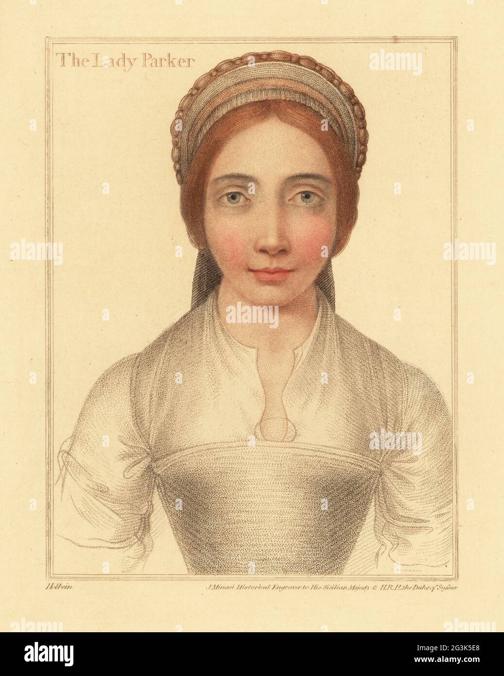 Lady Parker, wife of Sir Henry Parker. First wife Grace Newport, or second wife Elizabeth Calthrope. Also identified as Jane Boleyn (nee Parker), sister-in-law to Anne Boleyn. Handcoloured copperplate stipple engraving by James Minasi after a portrait by Hans Holbein the Younger from Imitations of Original Drawings by Hans Holbein, John Chamberlaine, London, 1812. Stock Photo