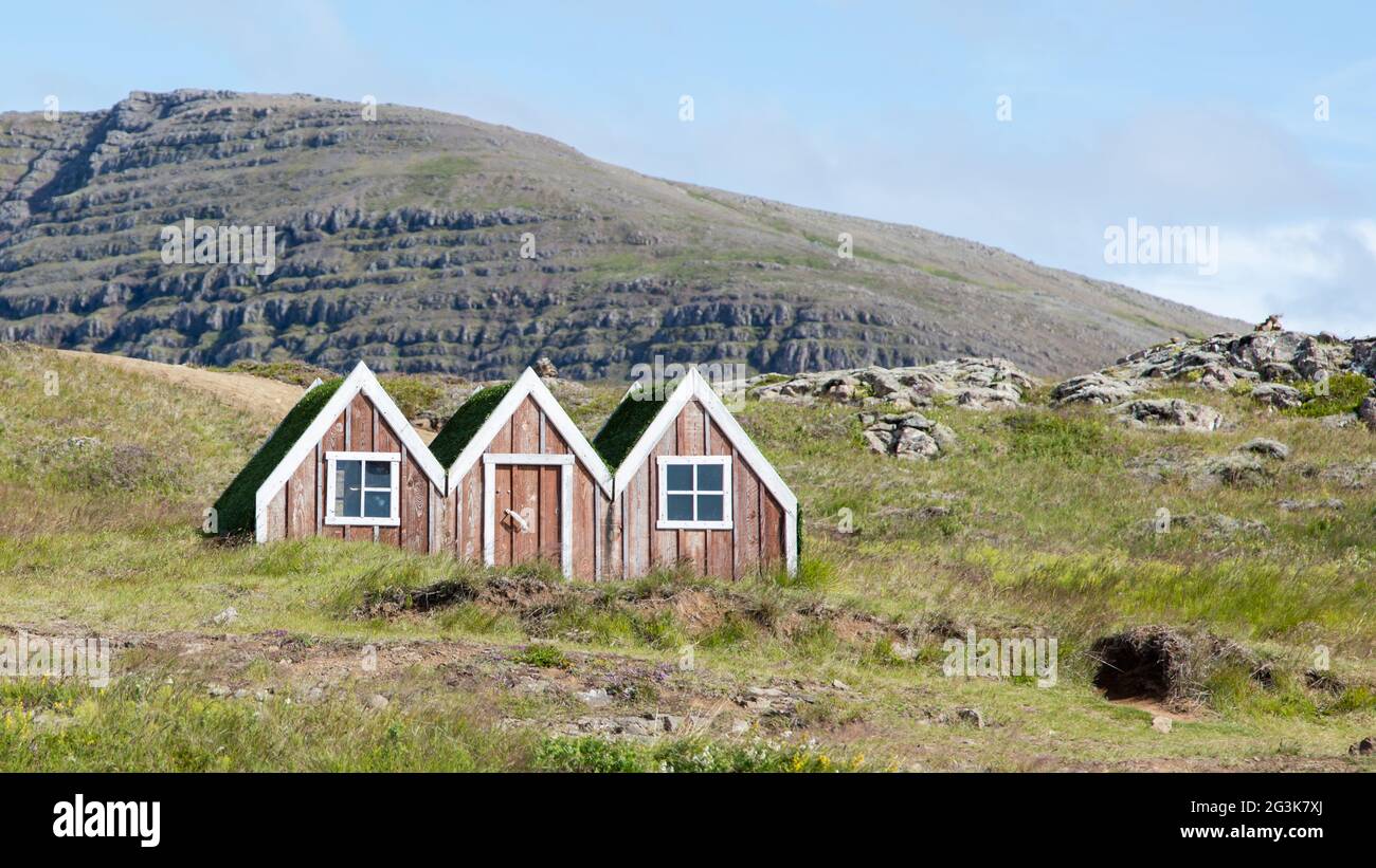 Small toy elf house in Iceland Stock Photo