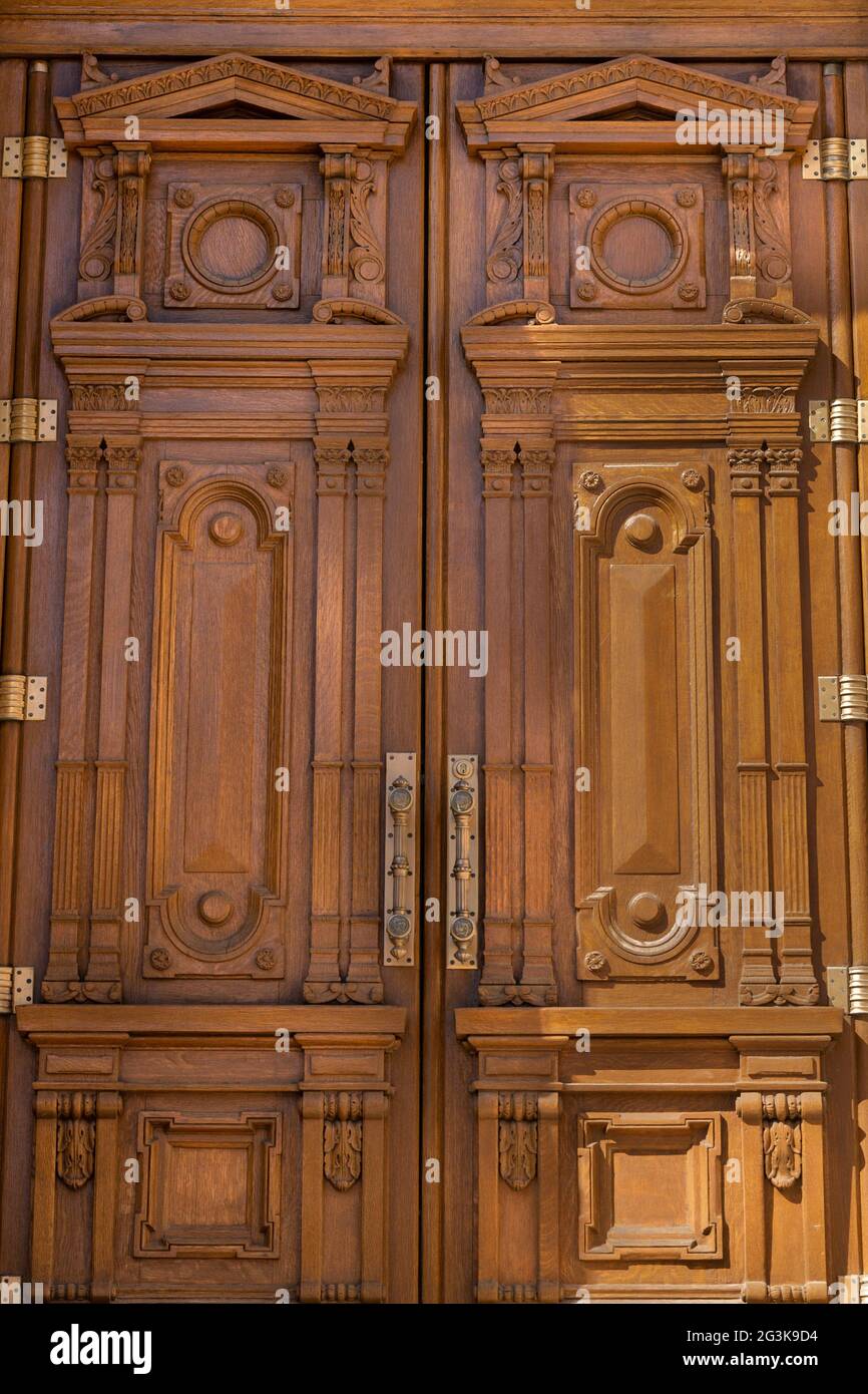 These are the beautifully carved wooden front doors to the Indiana