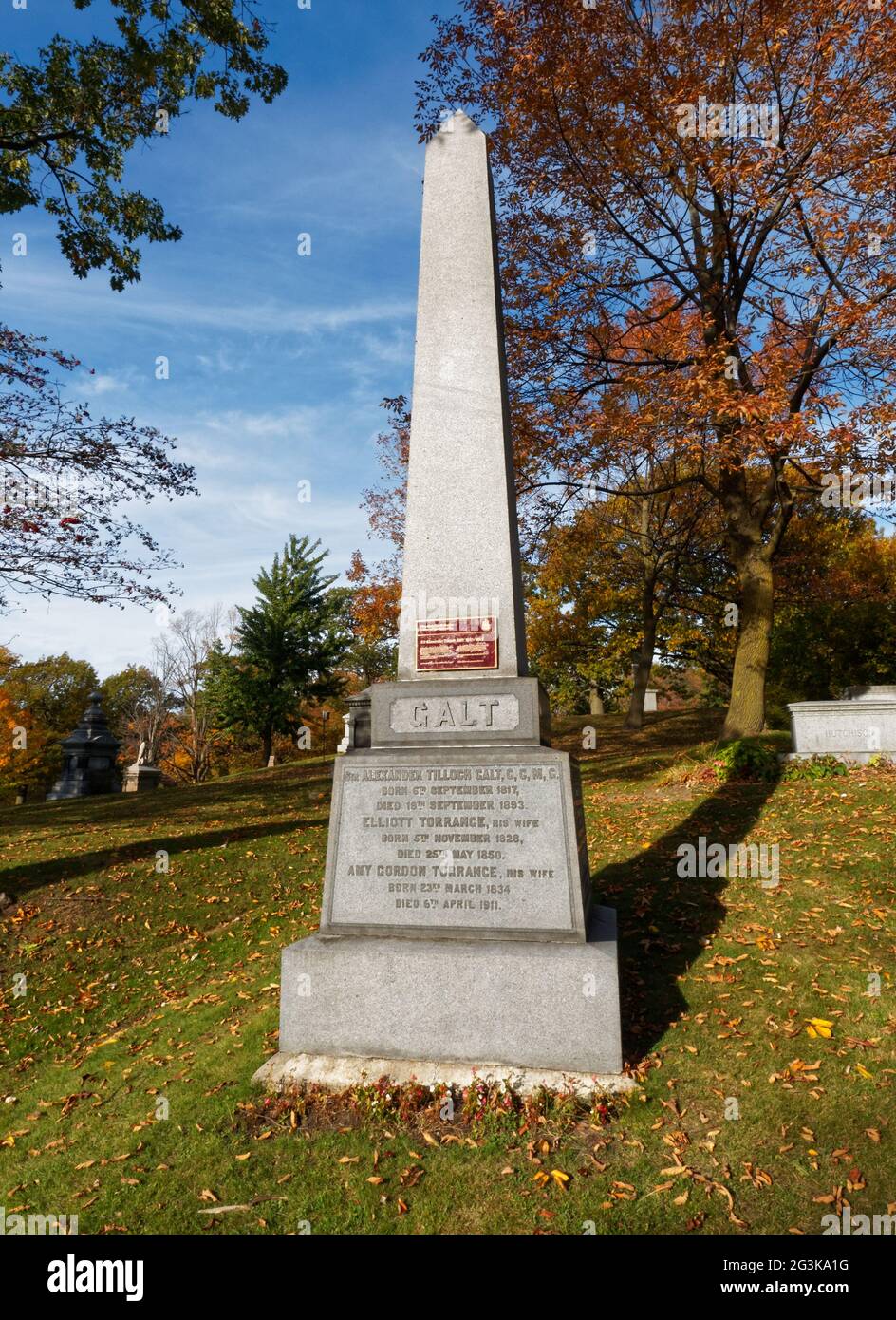 Sir Alexander Galt's, father of Canada's confederations  tombstone in the Mount Royal cemetery in Montreal, Canada. Stock Photo