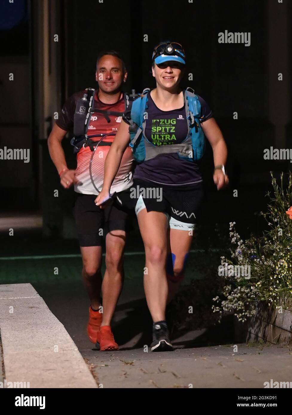 Fellbach, Germany. 17th June, 2021. Extreme athlete Steffi Saul (r) starts a 250-km charity run with her fellow runner Erwin Bauer (l) along the entire Remstal Trail to the Olgahospital in Stuttgart. Their goal is to collect donations for the hospital's children's cancer ward. (to dpa: 'Extreme athlete starts 250-kilometer charity run to Stuttgart') Credit: Bernd Weißbrod/dpa/Alamy Live News Stock Photo