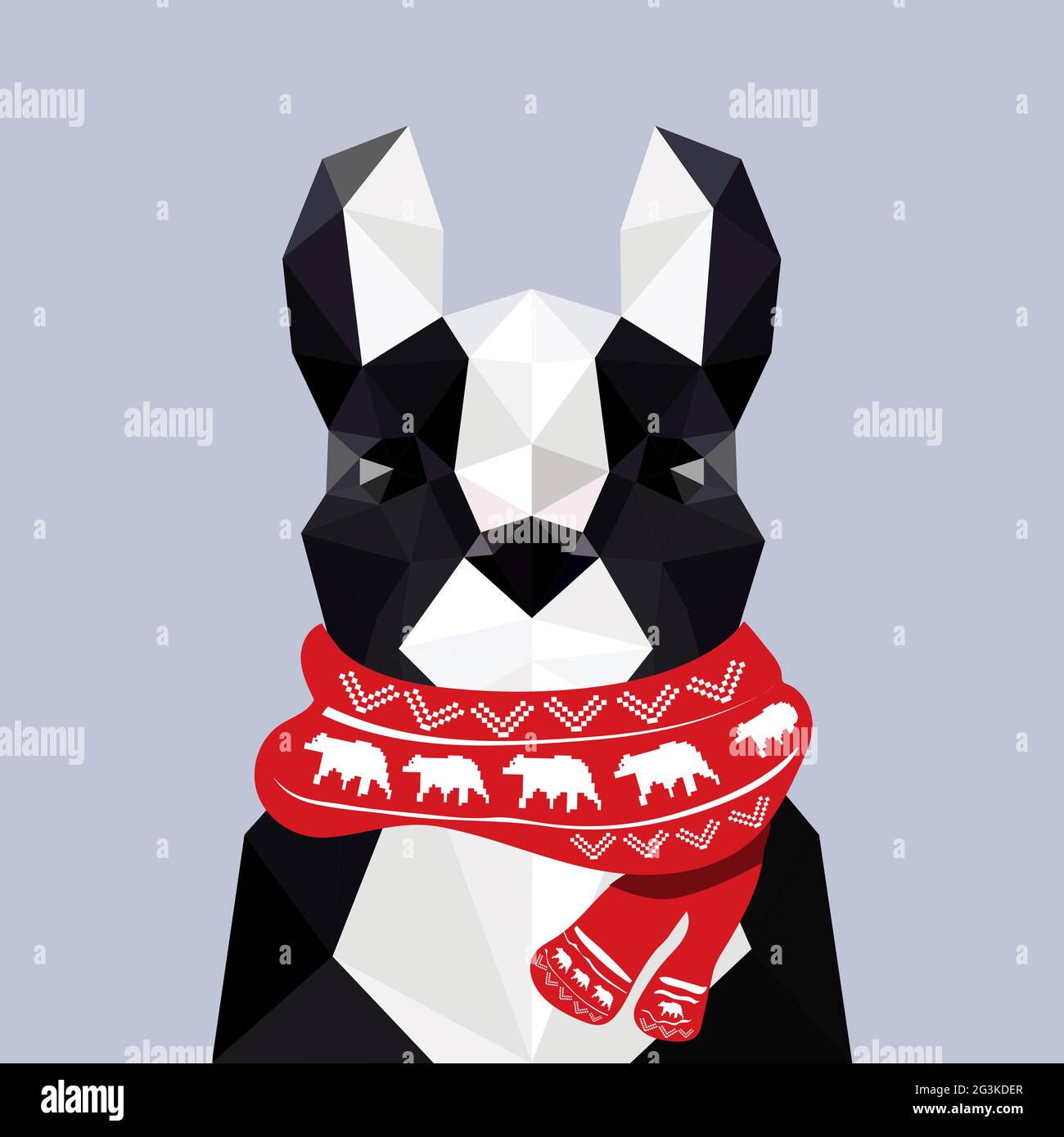 Modern flat design with origami french bulldog wearing Christmas scarf Stock Photo