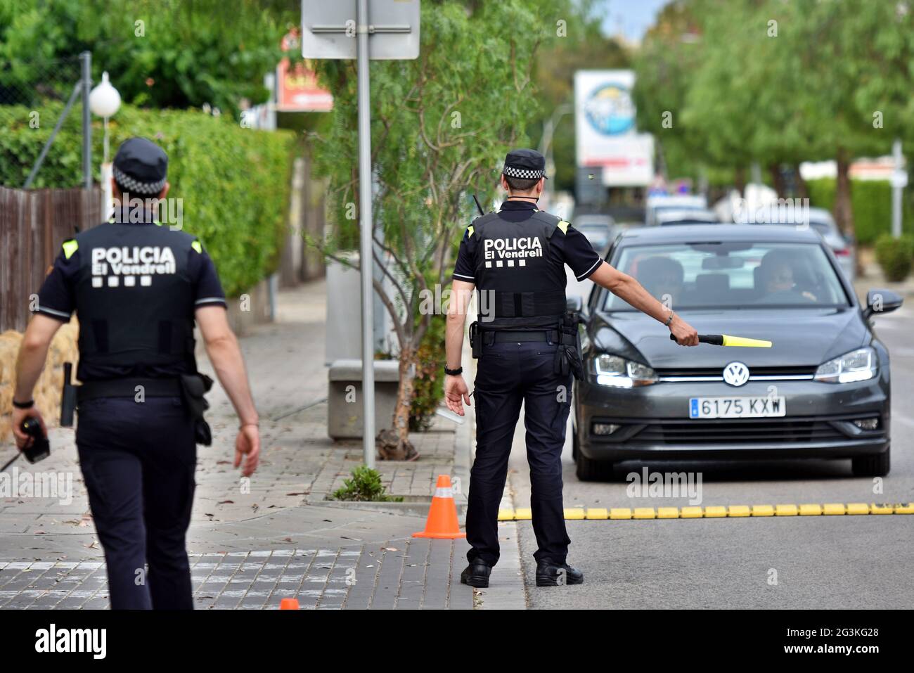 Vendrell, Spain. 16th June, 2021. A local police officer pulls-over a  vehicle during a police control at a checkpoint.The Local Police of  Vendrell Spain, carries out random traffic police controls to ensure