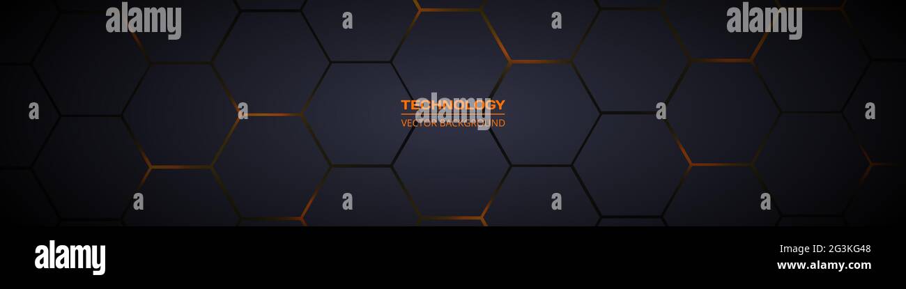 Dark gray and orange horizontal hexagonal technology abstract vector background. Orange bright energy flashes under hexagon in futuristic modern Stock Vector