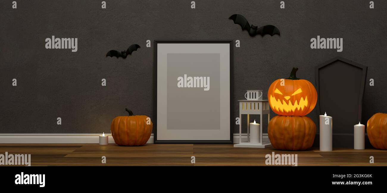Halloween decorations with mock-up frame, pumpkin lamp, grave and scary stuff decorated in the room, 3D rendering, 3D illustration Stock Photo