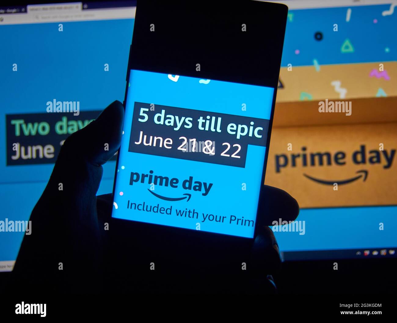 Montreal, Canada - June 17, 2021: Amazon prime day page on a phone screen over Amazon web site. Amazon Prime Day is the retailer's big members-only su Stock Photo