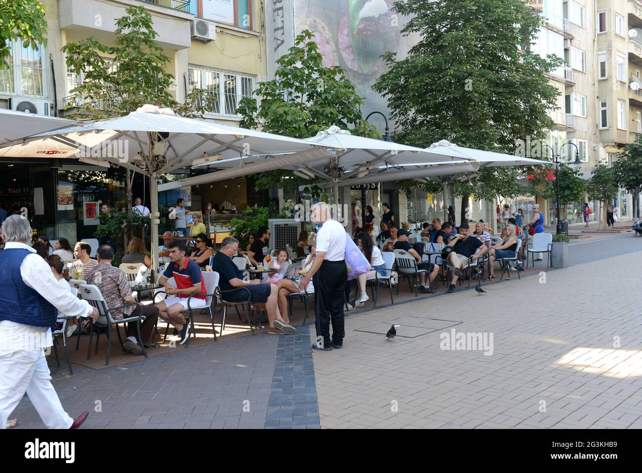 Vitosha Boulevard is a vibrant pedestrian street with many restaurants cafes and shops. Sofia, Bulgaria. Stock Photo