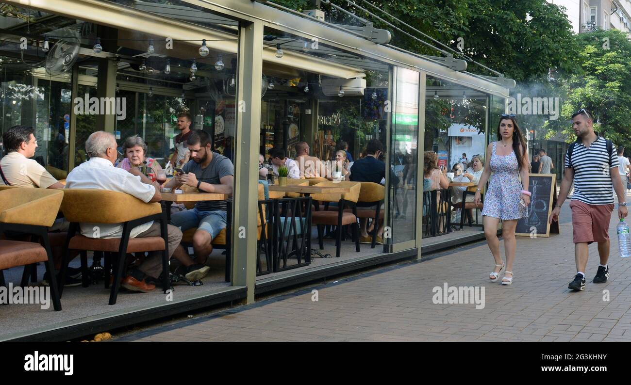 Vitosha Boulevard is a vibrant pedestrian street with many restaurants cafes and shops. Sofia, Bulgaria. Stock Photo