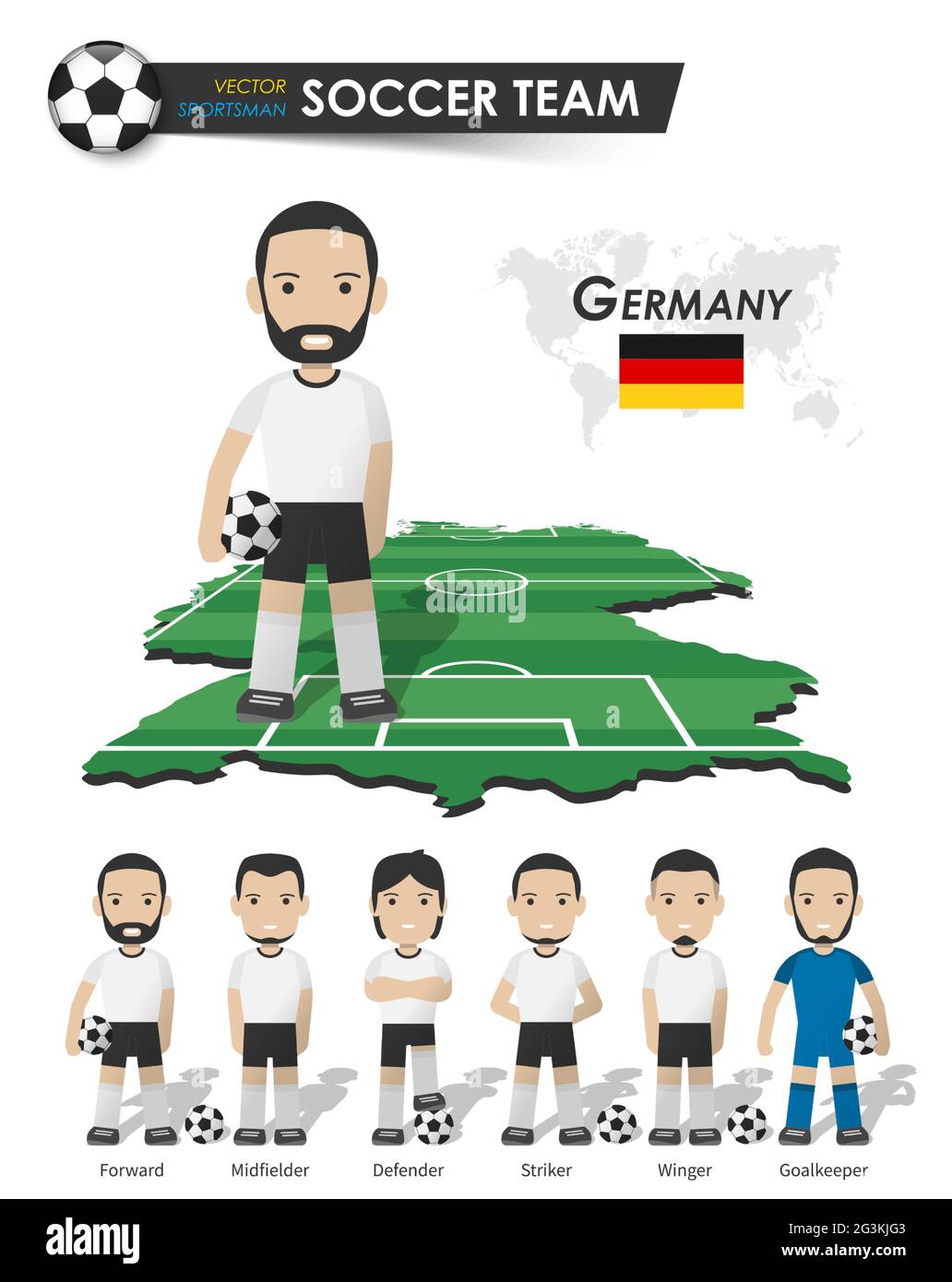Germany national soccer cup team . Football player with sports jersey stand on perspective field country map and world map . Set of footballer positio Stock Vector